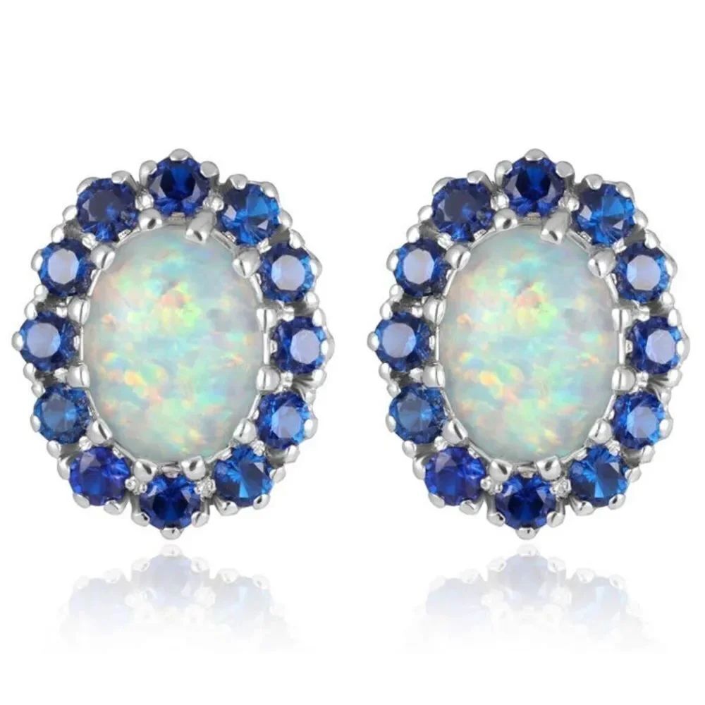 14K White Gold with White Fire Opal and Blue Sapphire Oval Post Stud Earrings